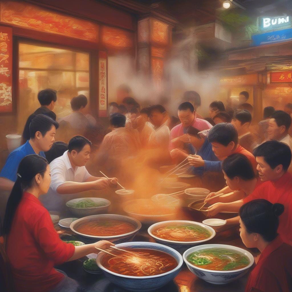 Bún Bò Huế Hà Nội Quán O Cảnh - Hình ảnh quán bún bò Huế O Cảnh đông khách, khói bốc nghi ngút, thể hiện sự hấp dẫn của món ăn.