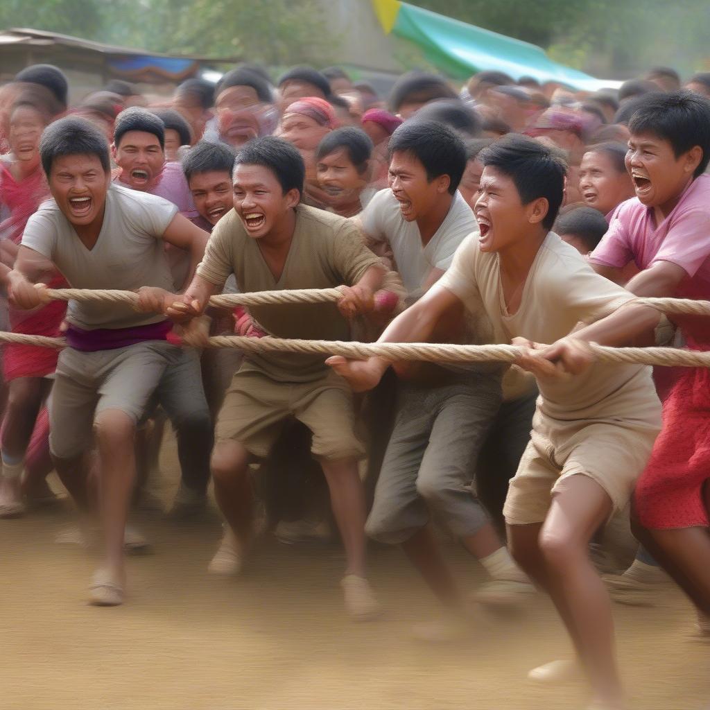 Người dân tham gia trò chơi kéo co trong lễ hội làng